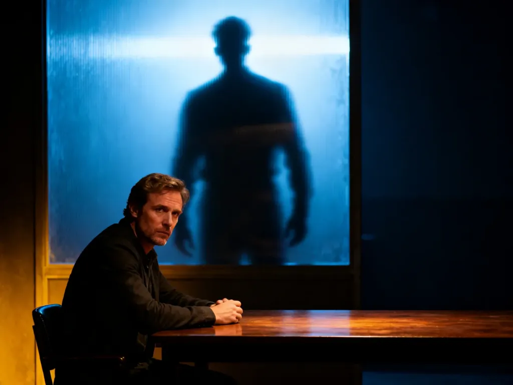 Mężczyzna przy biurku z niepokojem spogląda na cień za szybą, co symbolizuje ukrytą manipulację i presję psychologiczną.