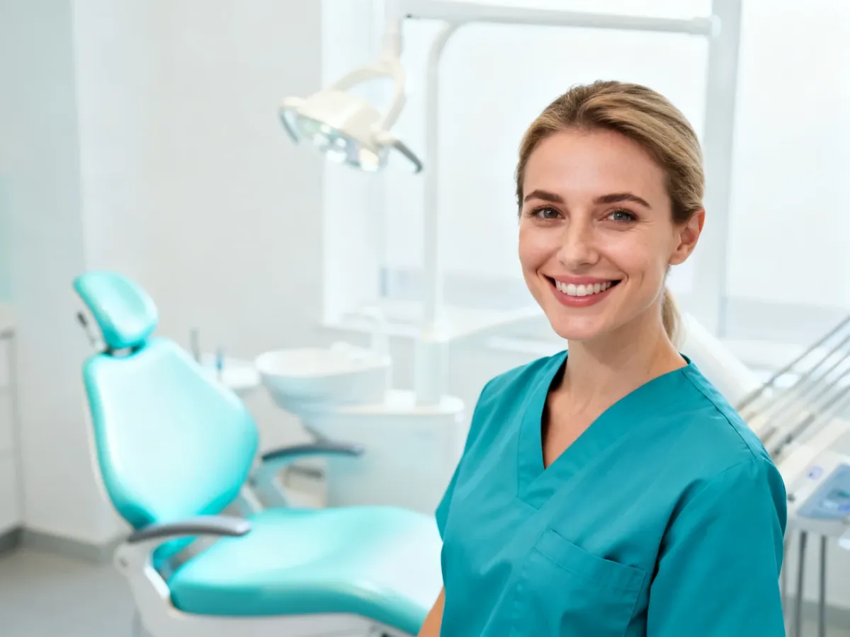 Uśmiechnięta dentystka w profesjonalnym gabinecie stomatologicznym, budująca poczucie spokoju i bezpieczeństwa.