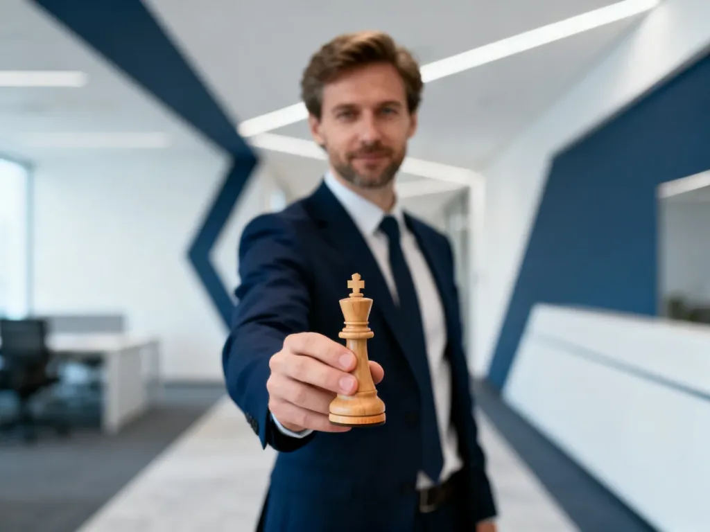 Profesjonalista trzymający figurę szachową na rozdrożu w biurze, symbolizujący strategiczne wybory i konsekwencję w działaniu.