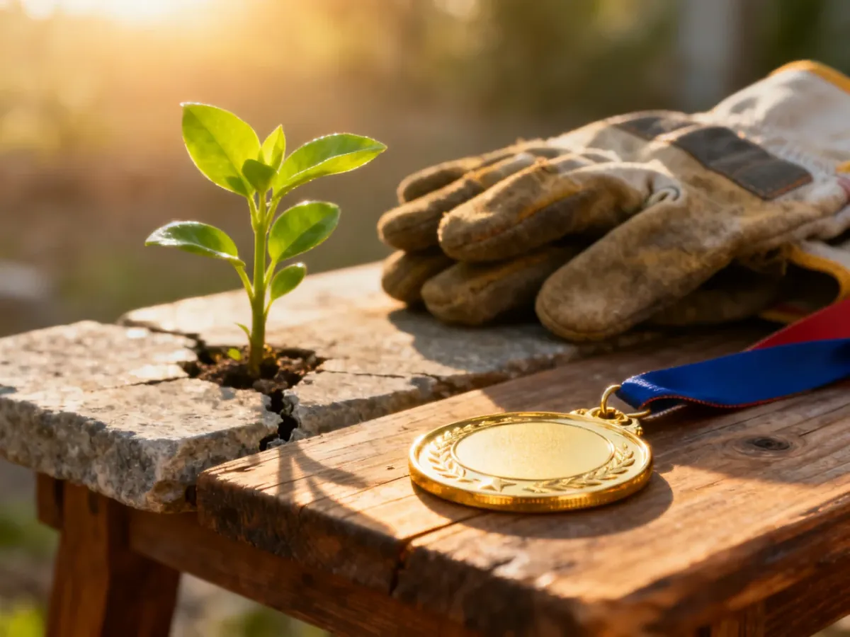 Złoty medal na drewnianym stole obok rośliny wyrastającej z kamienia, symbolizujący codzienny heroizm i wytrwałość.