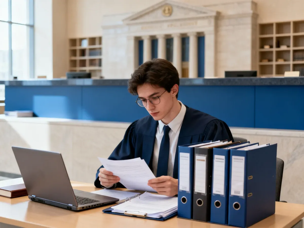 Student administracji analizujący dokumenty w nowoczesnym biurze