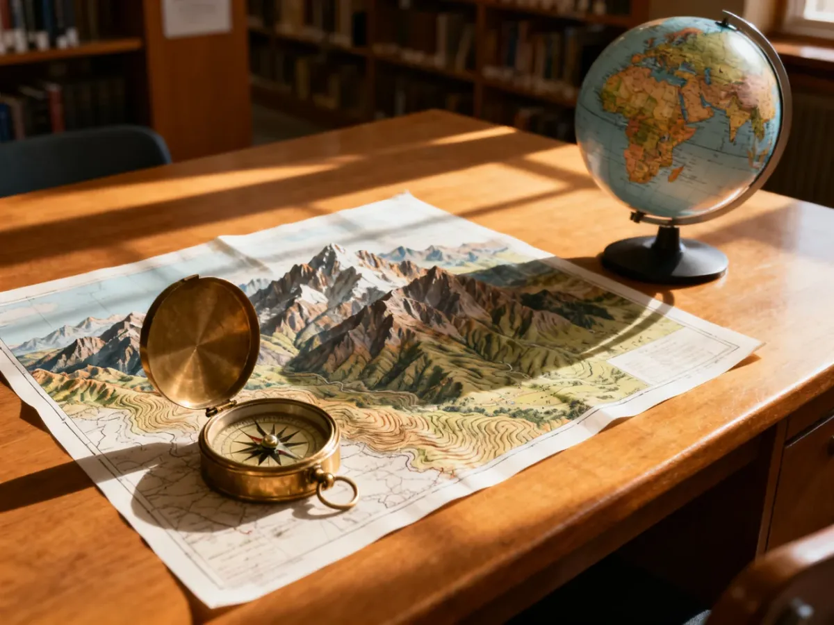 Zabytkowy kompas, mapa topograficzna i globus na biurku w bibliotece, symbolizujące wybór ścieżki edukacyjnej z geografią.