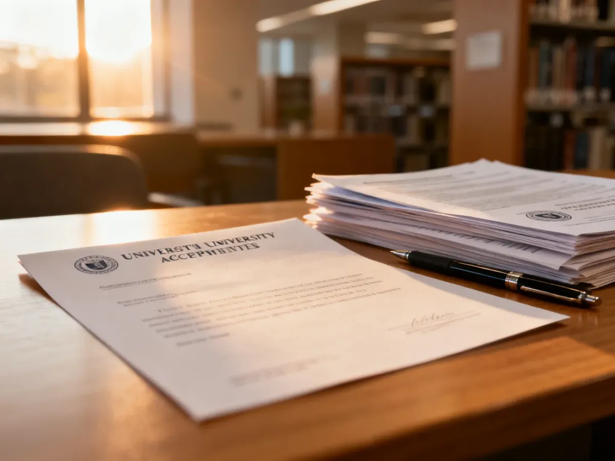 List akceptacyjny na uczelnię leżący na biurku, symbolizujący proces rekrutacji na studia.