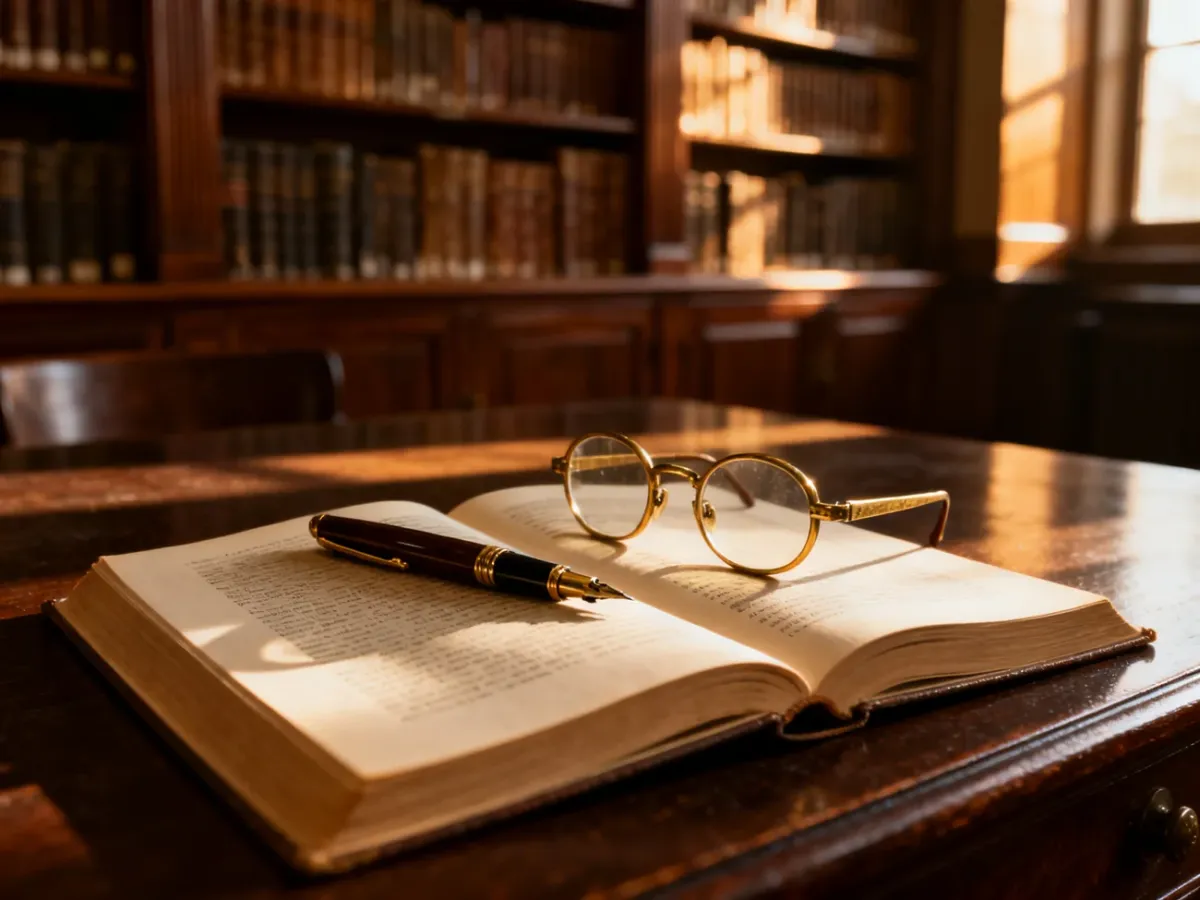 Otwarta książka akademicka, pióro i okulary na tle biblioteki, symbolizujące naukę i pracę badawczą.