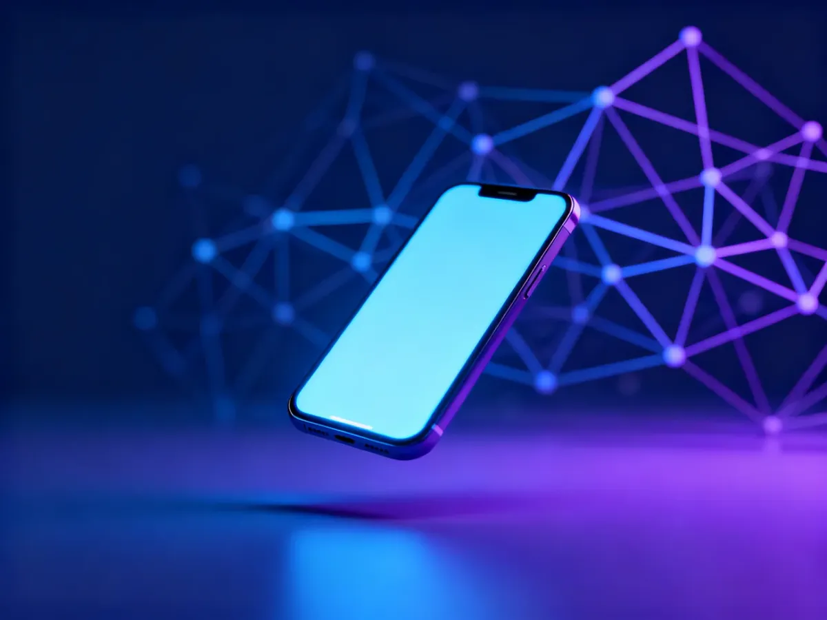 Minimalistyczna ilustracja przedstawiająca smartfon emitujący niebieskie światło na tle cyfrowej sieci połączeń.