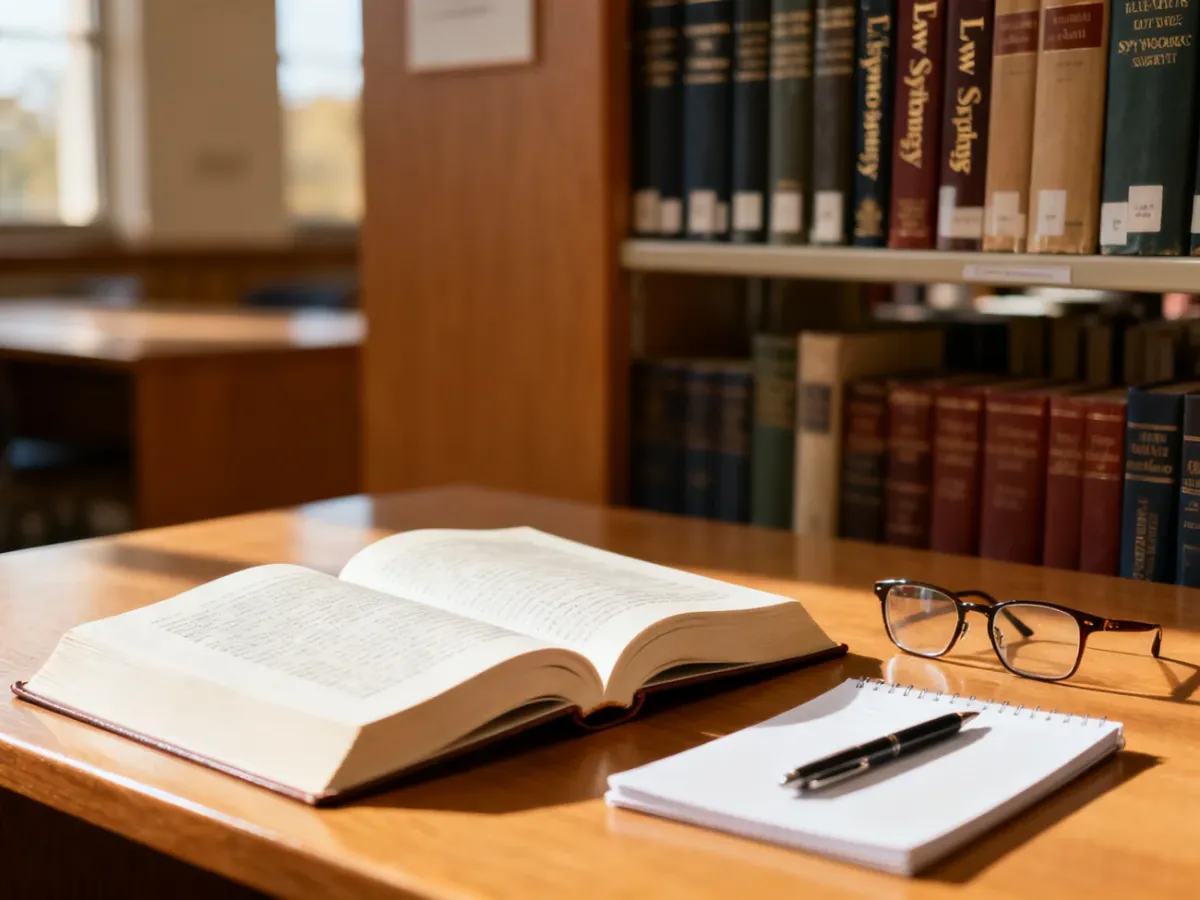 Otwarte podręczniki akademickie, notatnik i okulary na biurku w bibliotece, symbolizujące naukę i przygotowanie do studiów.