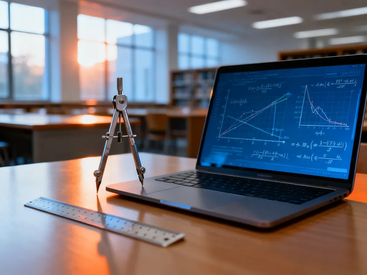 Minimalistyczne biurko z laptopem wyświetlającym wykresy matematyczne oraz przyborami kreślarskimi na tle biblioteki.