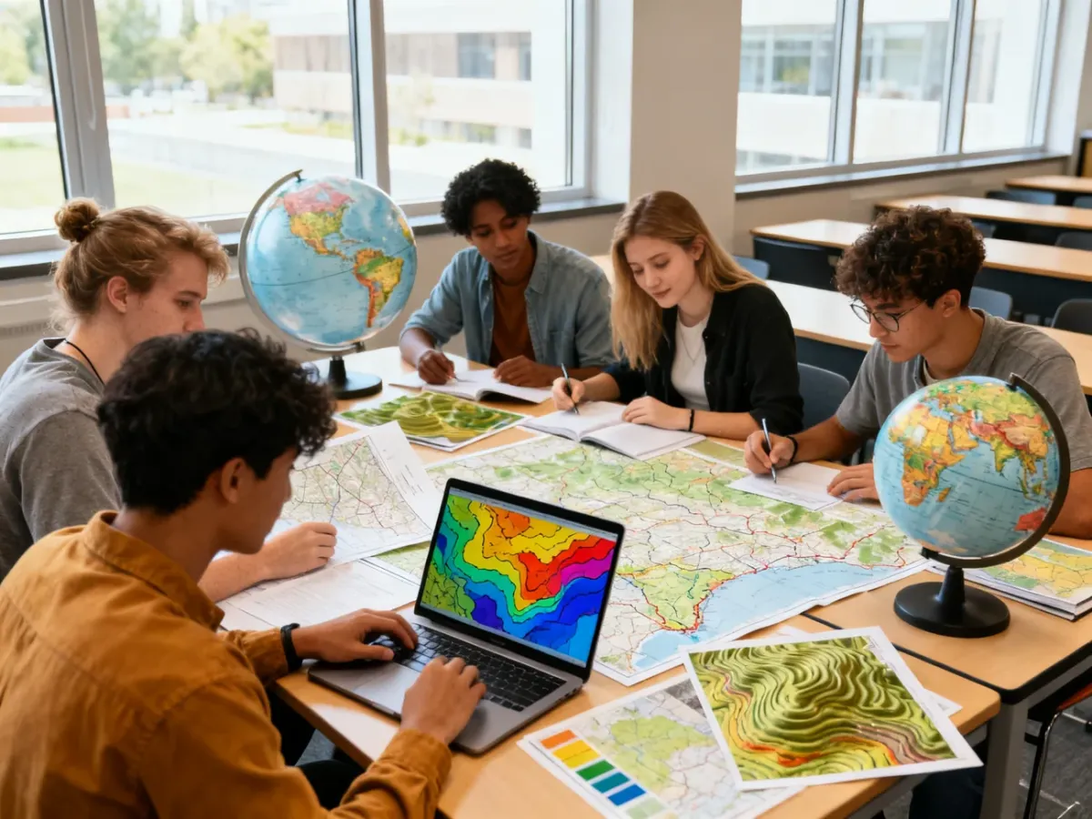 Studenci analizujący mapy i dane przestrzenne podczas zajęć geograficznych