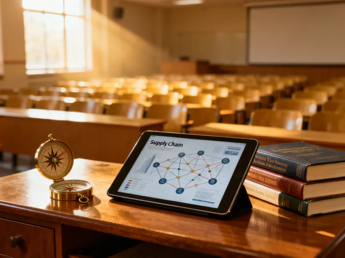 Biurko z tabletem, mapą łańcucha dostaw i podręcznikami akademickimi na tle auli, symbolizujące wybór studiów logistycznych.
