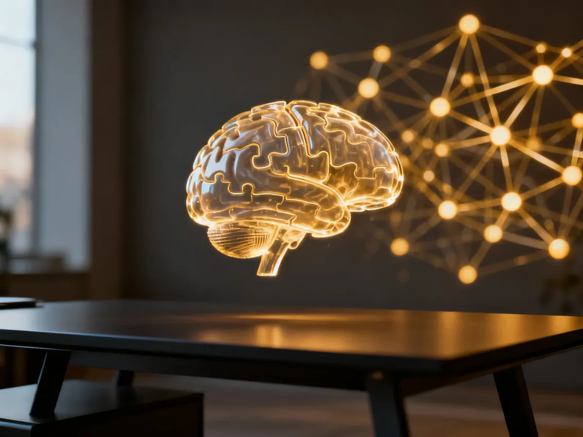 Świecący model mózgu w formie puzzli 3D na tle sieci neuronowych, symbolizujący procesy poznawcze i ludzką inteligencję.
