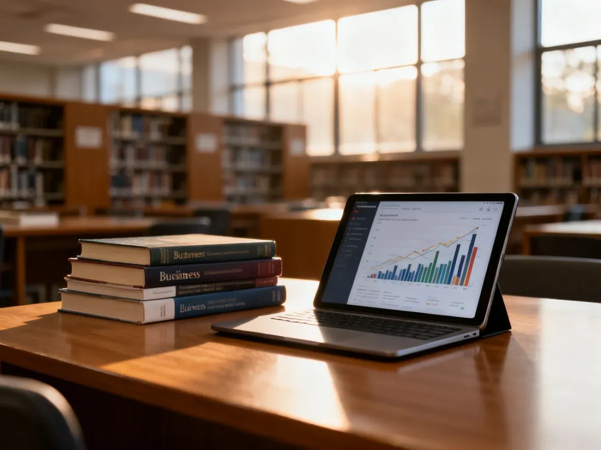 Nowoczesne stanowisko pracy w bibliotece uniwersyteckiej z podręcznikami do ekonomii, laptopem i tabletem z wykresami.