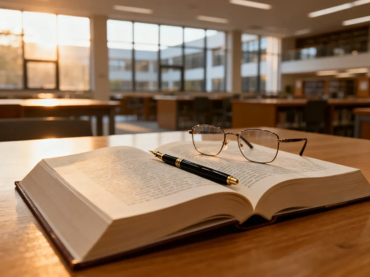 Otwarty podręcznik akademicki z okularami i piórem na biurku, symbolizujący proces rekrutacji na studia.