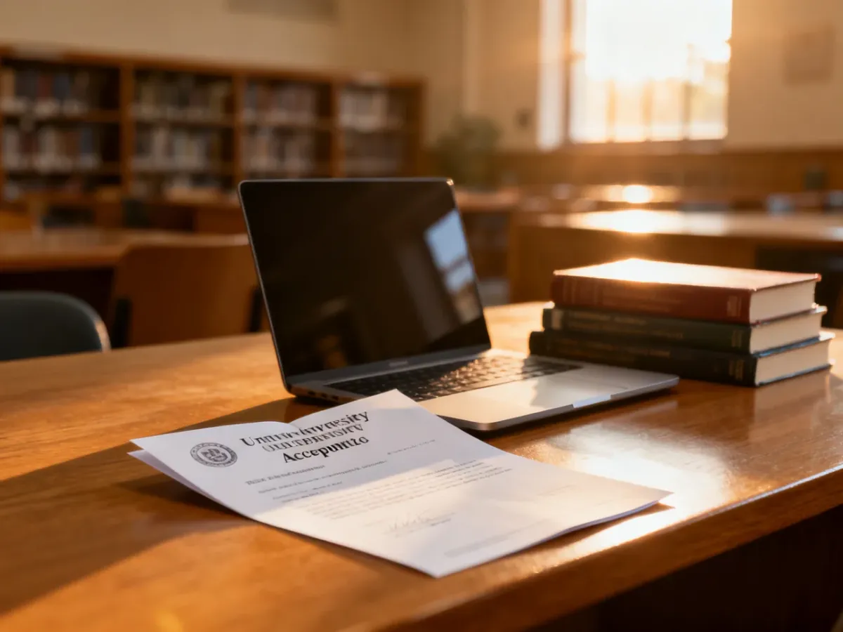 List akceptacyjny na studia leżący na biurku obok laptopa i podręczników, symbolizujący sukces w procesie rekrutacji.