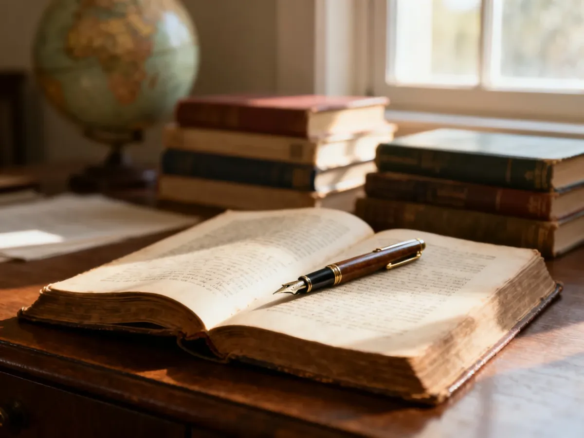 Otwarte zabytkowe książki i pióro na drewnianym biurku, symbolizujące naukę i wybór ścieżki edukacyjnej.