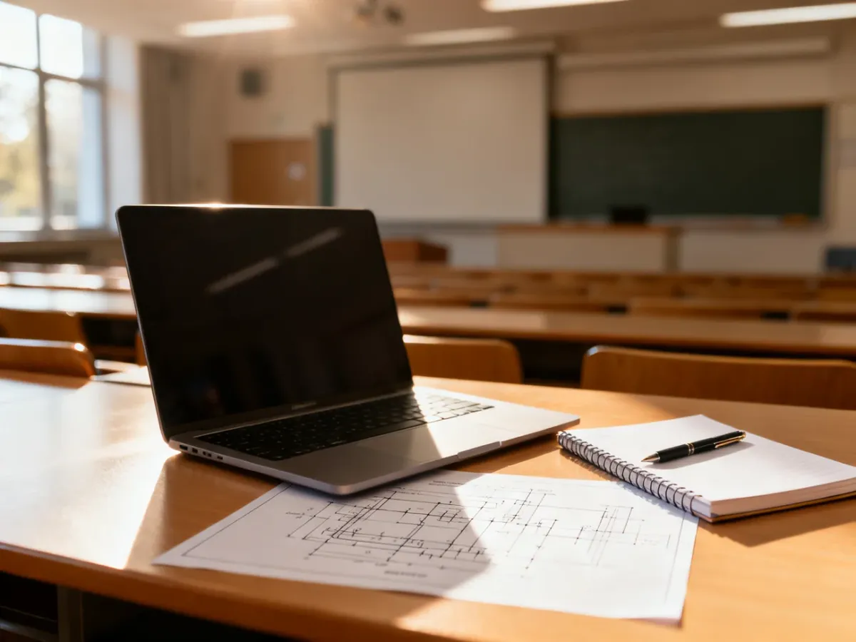 Nowoczesne stanowisko pracy z laptopem i notatnikiem na tle auli uniwersyteckiej, symbolizujące połączenie nauki z praktyką.