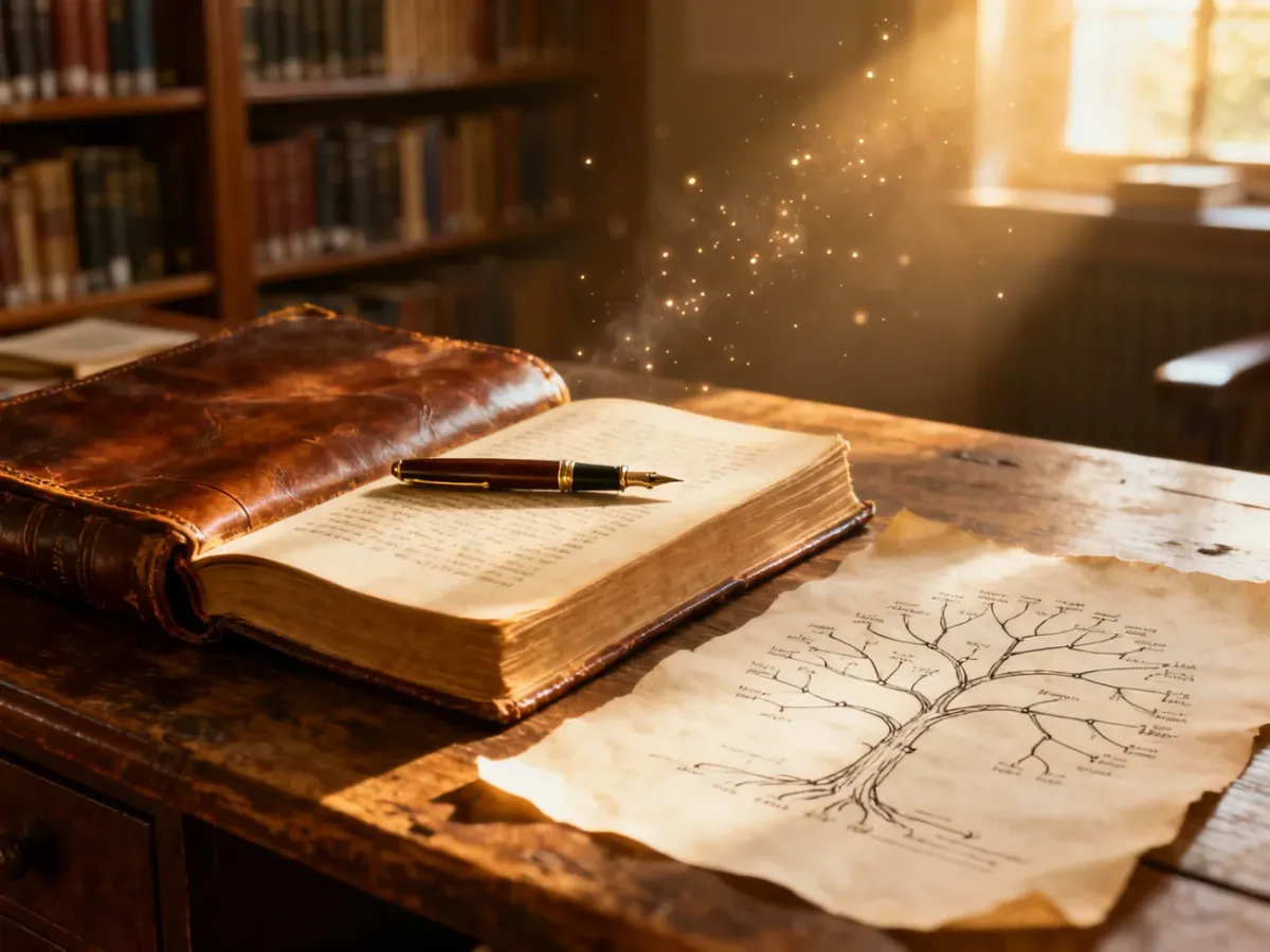 Otwarta zabytkowa księga i schemat drzewa językowego na drewnianym biurku w bibliotece, symbolizujące naukę języków.