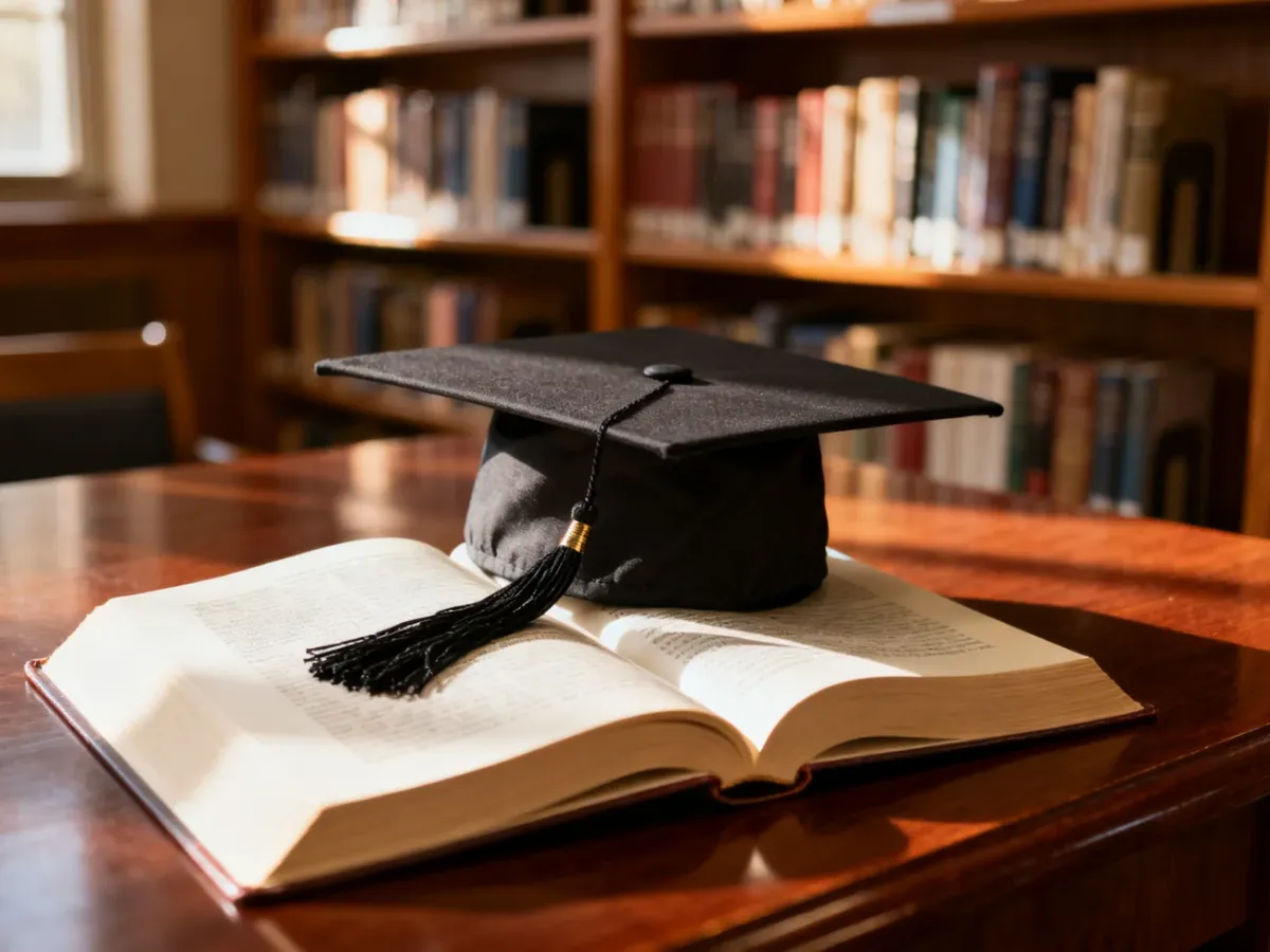 Otwarty podręcznik akademicki z czapką absolwenta na mahoniowym biurku w bibliotece, symbolizujący edukację wyższą.