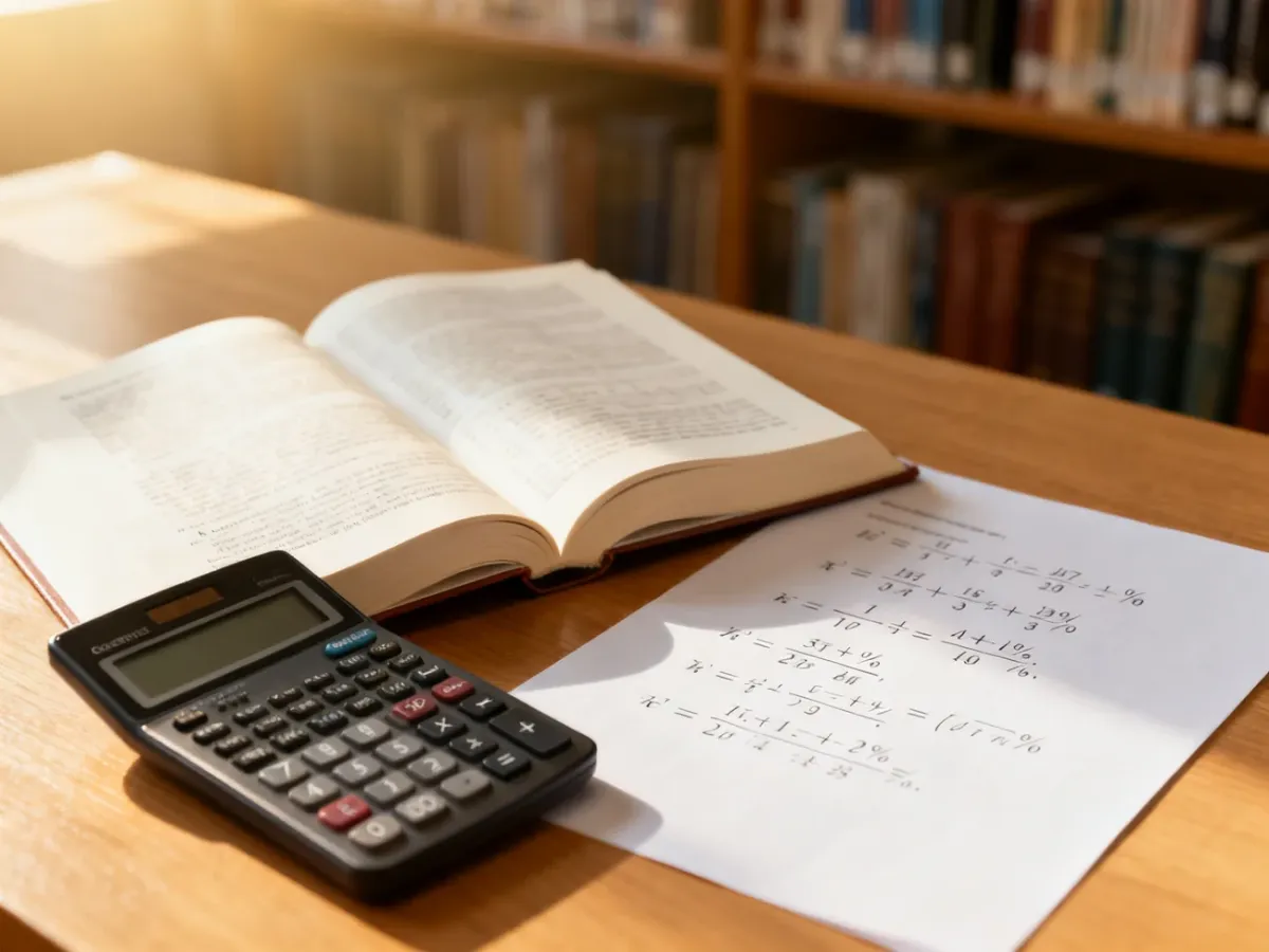 Otwarty indeks akademicki, kalkulator i kartka z obliczeniami matematycznymi na drewnianym biurku.