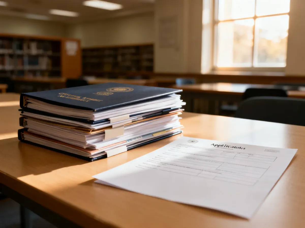 Ułożone na biurku dokumenty rekrutacyjne i teczki z podaniem o przyjęcie na studia w tle biblioteki uniwersyteckiej.