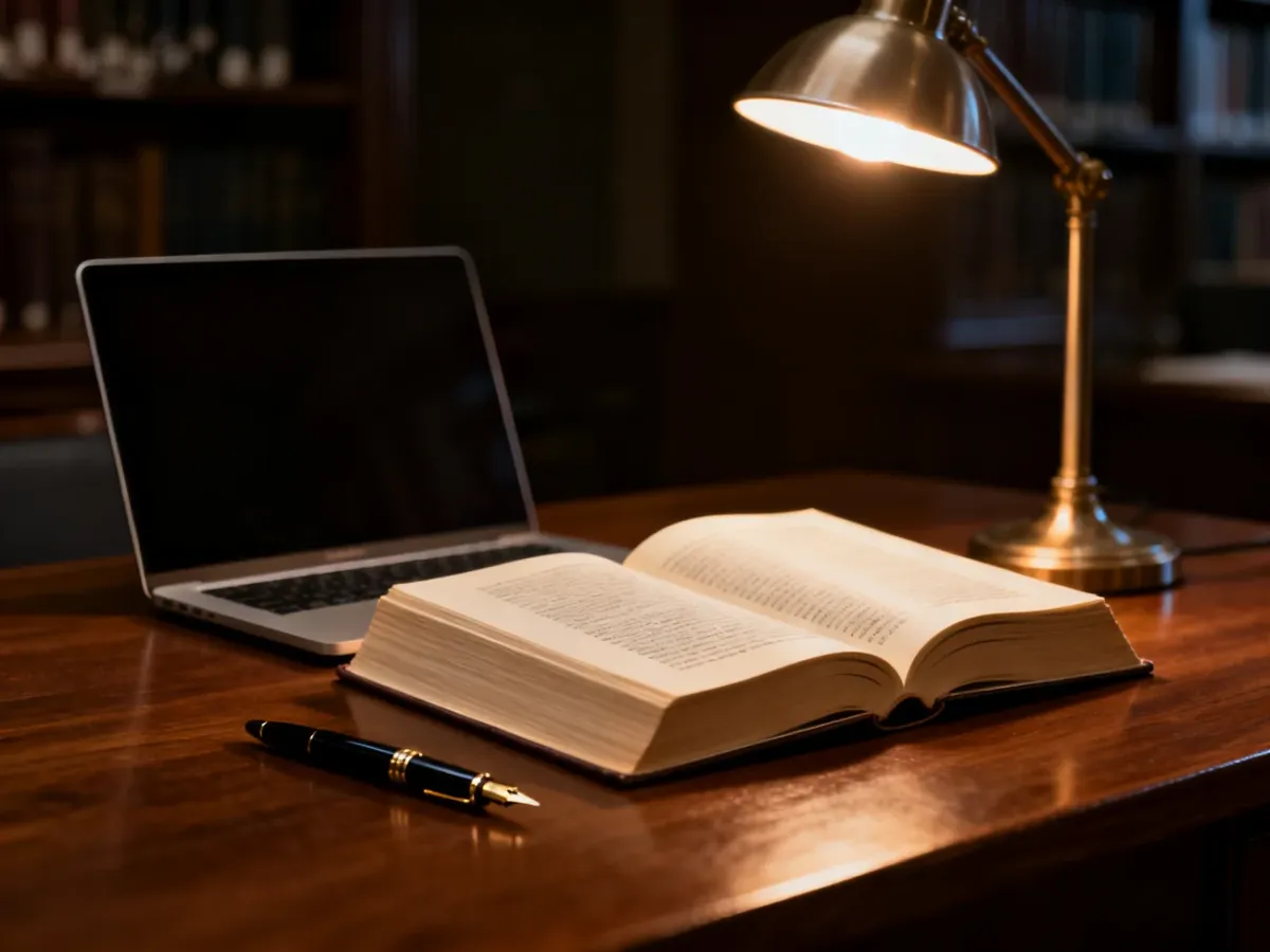 Otwarte akademickie opracowanie, laptop i pióro na biurku, symbolizujące naukowe przygotowanie do studiów doktoranckich.