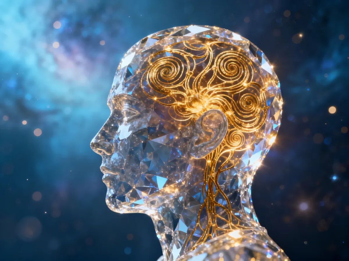 Świetlista sylwetka głowy z wewnętrznymi złotymi neuronami, symbolizująca proces autorefleksji i rozwój inteligencji osobistej.