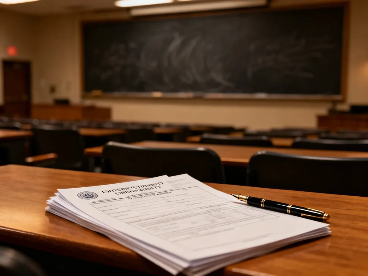 Puste podanie o przyjęcie na studia leżące na drewnianym biurku w auli wykładowej.