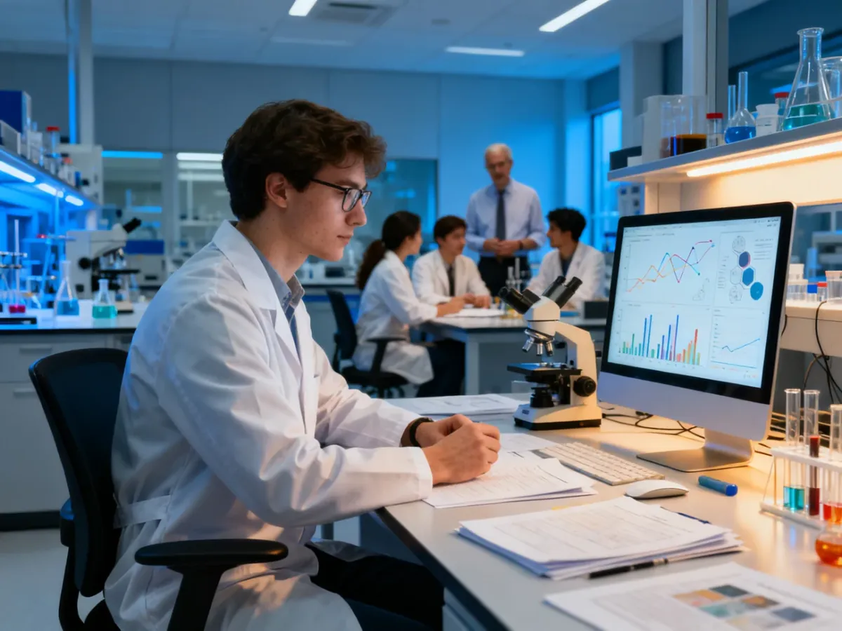 Doktorant prowadzący badania w laboratorium akademickim wraz z zespołem badawczym